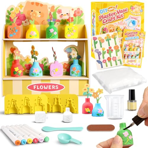 Crelloci Ceramic-Style Painting Kit for Kids, DIY Plaster Vase Making Set with 3 Mini Flower Vase Molds, Paints, Paper Flowers and Display Stand, Arts and Crafts Gift for Girls Ages 6-12