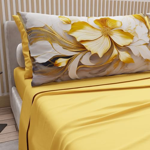 PETTI Artigiani Italiani - Bettwäsche aus Baumwolle mit Kissenbezügen mit Digitaldruck, Bettlaken für französisches Bett, Bettwäsche-Set für französisches Bett, Blumen 20 gelb, 100% Made in Italy