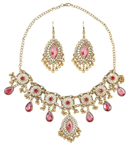 VLYX Traditionelles indisches Schmuckset für Damen, Halskette & Jhumka-Ohrringe, Boho Ethno-Stil, Hochzeit, Party & Festliche Accessoires