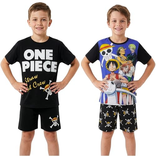 Get Trend One Piece Corto Pigiama Bambino 7-14 Anni, Confezione da 2 Pigiami Estivi Bambino con Maglietta e Pantaloncini, Anime Merch Regalo Ragazzo (9-10 Anni, Multi One Piece)