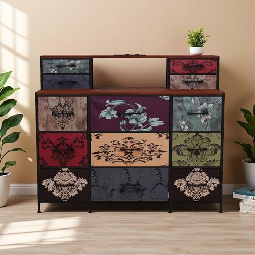 SUNFECILI Schlafzimmer Kommode Bunt, Schminktisch mit 13 Schubladen und LED, chubladenschrank aus Vintage-Blumenmotiv, Holzplatte & Metallrahmen, für Wohnzimmer Schlafzimmer