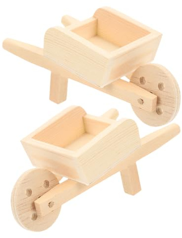 NOLITOY 2 Pcs Mini Wooden Cart Wheelbarrows Models for Doll House, Miniature Barrows with Natural Wood Finish, Decorative Micro Landscape Accessories for Dollhouse Garden Scenes