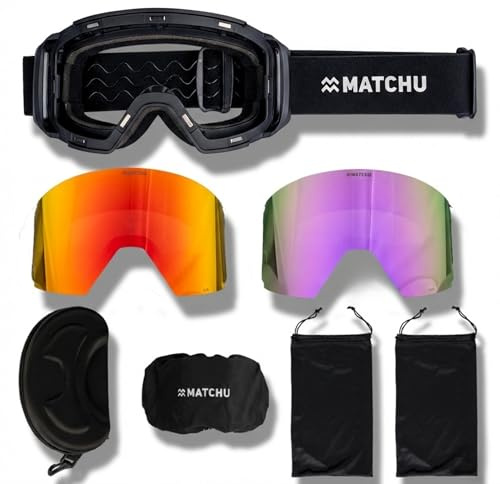 MATCHU – Premium Skibrille mit Austauschbaren Gläsern – Anti-Fog-Doppelglas – Inklusive S2- und S3-Gläsern, Luxuriöser Aufbewahrungsbox und Mikrofaserbeutel