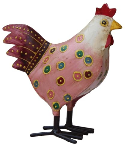 ETC dekoratives frühlingshaftes Deko Huhn Metall bemalt mit bunten Punkten Shabby Optik in rosa hellgrün und gelb (Rosa)