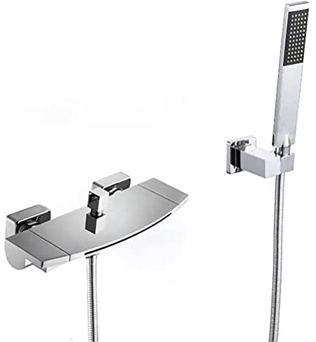 EZLUIYLDH Badewannenarmatur mit Brause, Messing-Badewannenarmatur, 2-Griff-Wasserfall-Mischbatterie mit Handbrause, Wandmontage, 2-Funktions-Badewannenarmatur-Set, Chrom