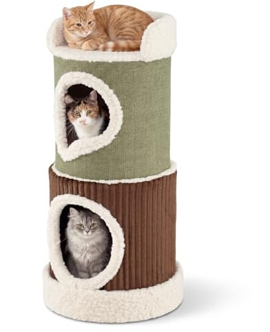 COSTWAY Kratztonne, Ø 41 cm, 85 cm hoch, Katzentonne mit 2 Katzenhöhlen, waschbarem Kissen & Liegefläche, Kratzbaum für kleine und mittelgroße Katzen bis 10 kg, Grün + Braun
