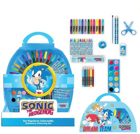 Set di cancelleria da colorare Sonic the Hedgehog per bambini, 50 pezzi, con pennarelli, matite, adesivi e acquerelli, licenza ufficiale, ritorno a scuola