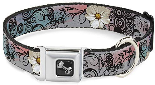 Dog Collar Seatbelt Buckle Flowers Filigree Pink 13 to 18 Inches 1.5 Inch Wide, DC-W30620-WS