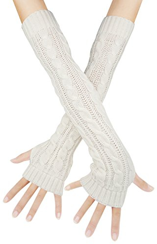 Bellady Womens Winter Warm Over Elbow Long Fingerless Thumb Hole Gloves Mittens Knitted Arm Warmer, White, One Size