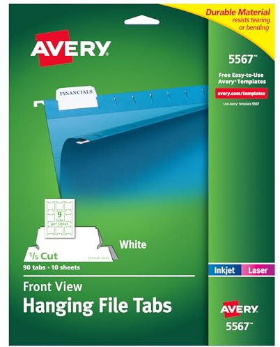 Avery® Printable Hanging File Folder Tabs, 1/5 Cut, White, 90 Total (5567)