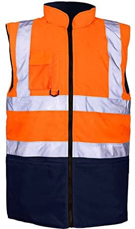 MyShoeStore Hi Vis Bodywarmer Reversible Fleece Lined Waterproof Gilet with Reflective Strips, Orange/Navy, L
