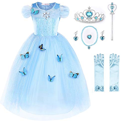 JerrisApparel Aschenputtel Kleid Prinzessin Kostüm Schmetterling Mädchen (150, Himmel Blau mit Zubehör)