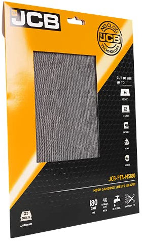 JCB - 180 Grit Mesh Sanding Sheets - 2 x Fine Metal Mesh Sanding Paper Sheets - Power Tool Accessory, Compatible with Palm, Orbital and Disc Sanders - Ideal for Surface Preparation and Finishing