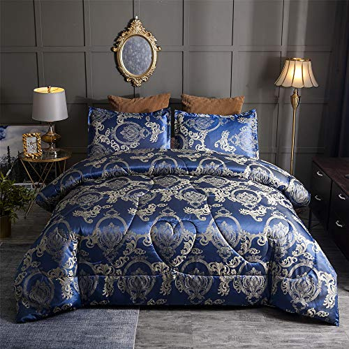 Raytrue-X Bettwäsche-Set für Doppelbett, Seiden-Jacquard, leichte Steppdecke, ultraweiche Mikrofaser, mit 2 Kissenbezügen, Königsblau (Doppelbett, XL, 3-teilig)