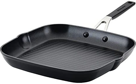 KitchenAid 84808 harteloxierte antihaftbeschichtete quadratische Grillpfanne mit Ausgießern, 29 cm, Onyx-Schwarz