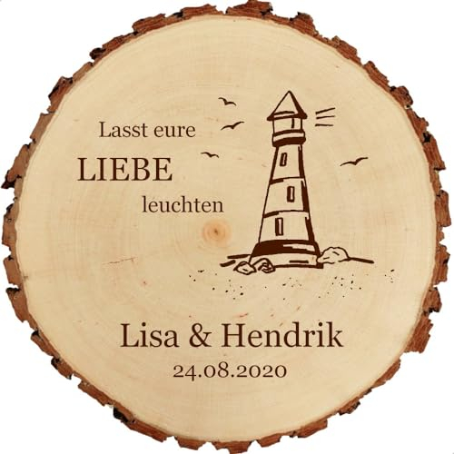 Baumscheibe 23cm mit Gravur (Namen, Datum) personalisierte Holz-Scheibe mit Leuchtturm, Hochzeitsgeschenke Geschenkidee Jubiläum Hochzeitsdeko, MotivH2