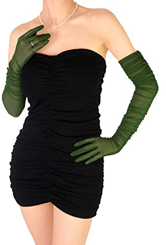 XXDingbs Damen Sexy Sheer Handschuhe Mesh Tüll Super Lange Handschuhe Oper Hallowmas Kostüm Party Tanz Handschuhe, Dunkelgrün, Einheitsgröße