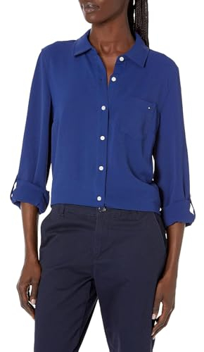 Tommy Hilfiger Roll Tab Sleeve Collared Button Up Shirt (Regular And Plus) Camicia Down, Blu (Deep Sea), XS Donna