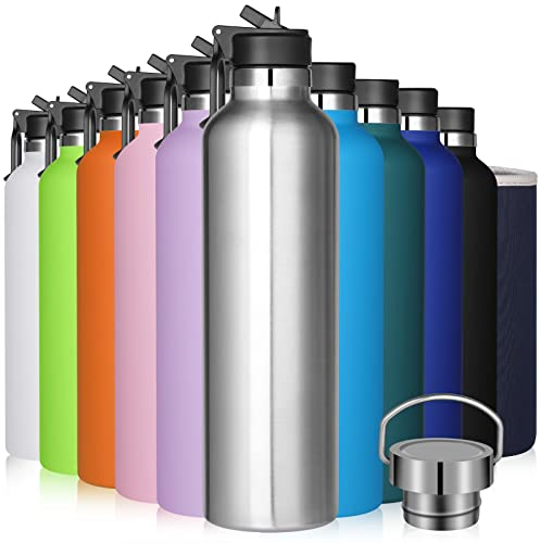 GeeRic 1L Bouteille d'eau en Acier Inoxydable Bouche Large, Bouteille d'eau en métal à Double Paroi Isotherme sous Vide, 12 Heures Chaudes et 24 Heures Froides, Argent