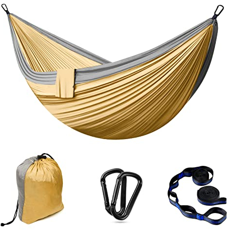 Hängematte Outdoor Camping Hängematten 2 Personen 300 x 200 cm Ultraleicht Tragbar Reise Hängematte bis 300 kg Tragfähigkeit Garten Strand Doppelhängematte Fallschirm Nylon Atmungsaktiv Hammock Khaki