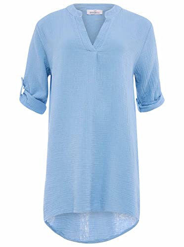 Zwillingsherz Musselin Longbluse aus 100% Baumwolle mit Tunika für Damen Frauen Mädchen - Sommerbluse Freizeitkleid Strandkleid - Locker luftig perfekt Frühling, 16300.2, 36-42, Hellblau
