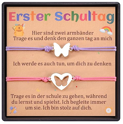 YELUWA 2 Pcs zurück zu Schule Armband Geschenke, Schmetterling Armbänder Set für Tochter von Mama, ersten Tag der Schule Geschenke für Mädchen, Mama und mir Schmuck mit Wunschkarte (Rose rot & lila)