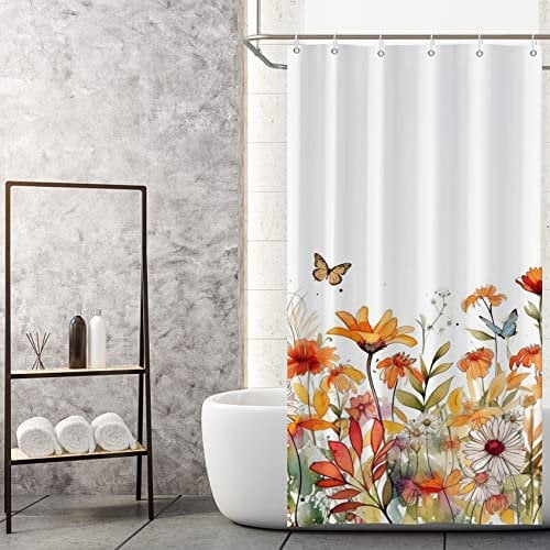 MIRRORANG Rideau de Douche Fleur Orange, Ensembles de Rideaux de Salle de Bain en Polyester résistant aux moisissures avec Crochets pour la décoration de la Salle de Bain,92x183cm