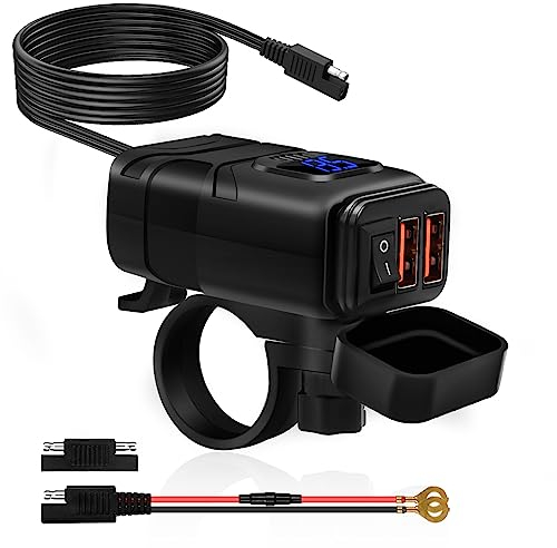 Motorrad USB Steckdose, USB Steckdose Motorrad, Dual QC3.0 USB, USB Motorrad Steckdose Wasserdicht, mit Independent Schalter und LED Voltmeter, für 12~24V Motorrad Wohnmobil KFZ Boot