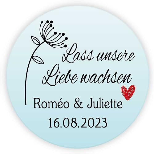 MameArt 50stk 4cm Aufkleber Hochzeit Personalisiert Lass unsere Liebe wachsen, Stickers Hochzeit Taufe Feste Geschenke Präsente (Blau)