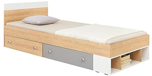 Mirjan24 Kinderbett Pezru PX15 mit 2 Schubladen und 3 Fächer, Bett, L:204 x B:124 x H:80 cm, Funktionsbett 120 x 200 cm für Jugendzimmer/Kinderzimmer (Biskuit-Eiche + Weiß Lux + Grau)