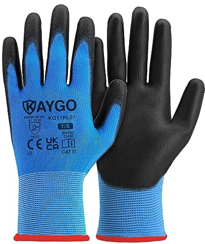 KAYGO Arbeitshandschuhe für Herren Damen 12 Paar, PU beschichtet Schutzhandschuhe, antirutsch Grip an Handflächen und Fingern, Geeignet für allgemeine Arbeit Lager DIY, KG11P (Blau, S, Gr 7)