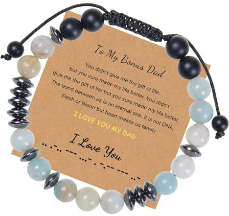 Ayoiow 8mm Perlenarmbands 30cm Armreif 8mm Crystal Morse Code Armband to My Bonus Dad Schwarz Blau Armband für Männer