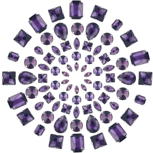 GORGECRAFT 100 Pezzi 10 Stili da Cucire Strass Viola Strass in Vetro Artiglio Argento Pietre Preziose con Retro Piatto con 4 Fori A Goccia Rotondo Quadrato Mix Forma Dimensioni Gemme da Cucire