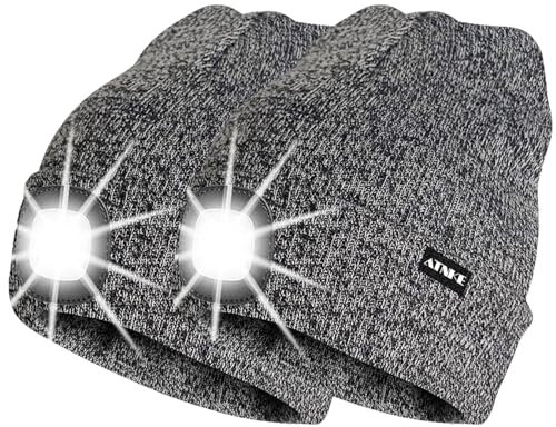 ATNKE 2Pcs Neue Warme LED beleuchtete Mütze,Unisex USB wiederaufladbare Laufmütze Ultra Bright 4 LED wasserdichte Lichtlampe Mehrfarbig/Blended Black White