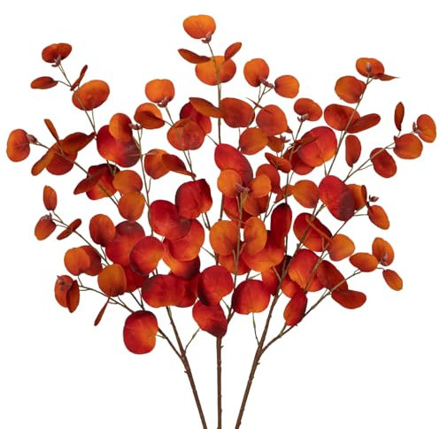 3er Set Künstliche Eukalyptus Herbstliche Zweige 81CM Kunsteukalyptus Lange Dekozweige Kunstpflanze Wie Echt für Blumengesteck Home Herbst Dekoration, Orange Blätter