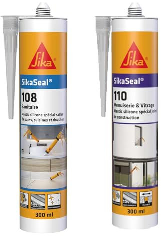 SIKA - Mastic Silicone spécial salle de bain, cuisine et douche - Anti-moisissures - Transparent - 300ml + Mastic Silicone pour joint de menuiserie & vitrage - Multi-supports - Transparent - 300ml