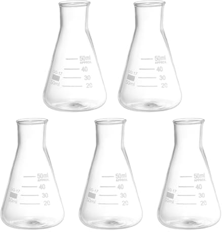PATIKIL Erlenmeyer Flask, 5 Pcs 50ml Narrow Mouth Graduated Flasks Borosilicate Glass with Printed Graduation for Lab, Experiment, Chemistry, Science Study