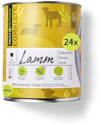 FAVLY – Nassfutter für Hunde Lamm 24 x 800g – getreidefrei & Monoprotein – mit Süßkartoffel, Karotte & Leinöl – hoher Fleischanteil in Lebensmittelqualität – für Allergiker & Sensible Hunde
