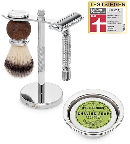 Störtebekker® Premium Rasierständer Set - mit Rasierhobel, Rasierpinsel, Rasierschale und Rasierseife Bergamotte - hochwertiges Rasierset/Bartpflege Set - 8 Düfte - Geschenkidee Herren Rasierset