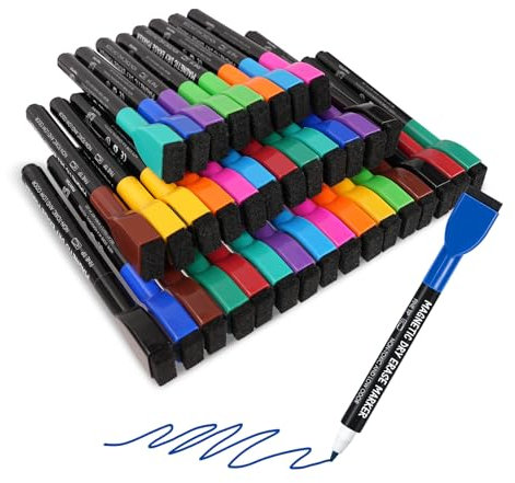maxtek Magnetische Whiteboard Marker, 12 Farben Stifte abwischbar mit Radiergummi, Feinspitze 1–2 mm Linienbreite, Folienstifte für Zuhause, Schule & Büro (36 Stück)