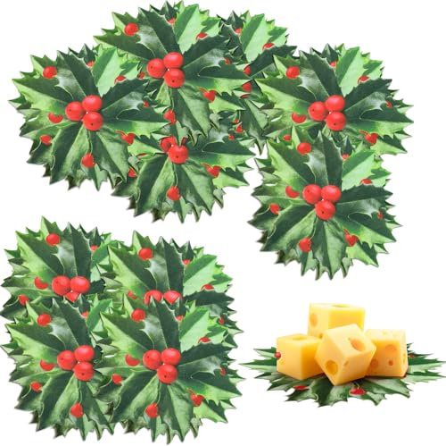 Trandraft Weihnachtliche Stechpalmenbeerblätter, Pergamentpapier, Blätter, 15,2 cm, doppelseitig, Einweg-Käsepapier für Charcuter-Bretter, Küche, Urlaub, Party, Dekorationen, Tischteller,