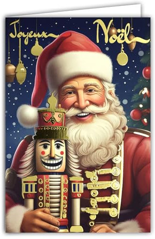 AFIE 61-5832 Carte Joyeux Noël avec texte Doré Brillant et enveloppe blanche format 12x17,5cm - Père-Noël tenant un casse-noisette soldat de bois - Fabriqué en France