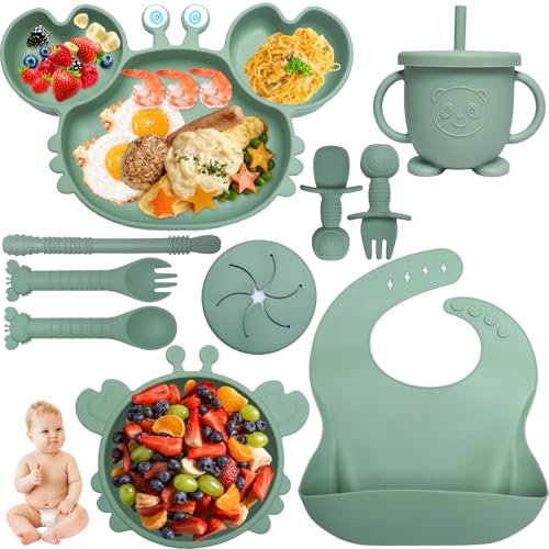 Kinyoda Coffret Repas Bebe, 10 Pièces Assiette bebe Set Vaisselle Antiderapant Silicone avec Ventouse Assiette Bol Fourche Cuillère Bavoir, Enfant Set Couverts Vaisselle Pour Sevrage Manger, Vert