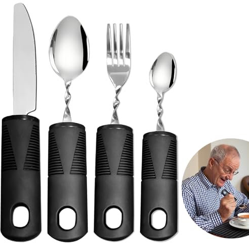 Easy Grip Bendable Cutlery Set of 4 Extra Wide Chunky Handle Disability Aids for Disabled Hands with Knife Fork Spoon Ideal Dining aid for Adults Elderly Arthritis Parkinson'Disease Tremors Sufferers