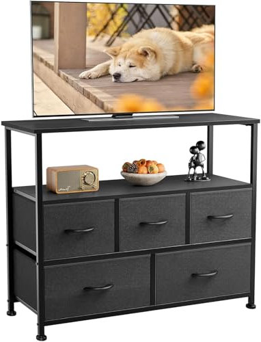 DUMOS Kommode mit Schubladen - kommoden & Sideboards für Schlafzimmer Geeignet, Komodenschrank mit 5 Schubladen, TV-Schrank mit Stabilem Stahlrahmen, Ideal für Schlafzimmer, Wohnzimmer (Schwarz)