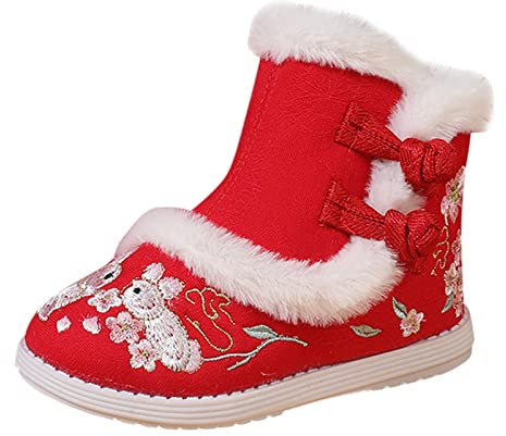 VYLYNL Stivali con zeppa per ragazze stivali corti per bambino Gilrs scarpe di stoffa suola in gomma caldo inverno neve stivali ricamo stampa cotone stivali bambino ragazza stivali alti, Rosso, 46.5