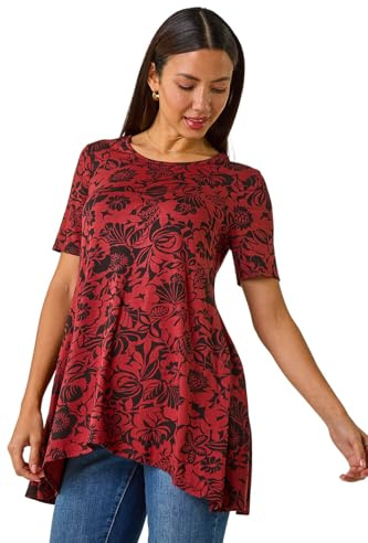 Roman Originals Hanky Hem Tunic Top for Women UK - Ladies Longline Blouse Asymmetric Hemline Short Sleeves Casual Slouch Loose Summer Spring Relaxed Comfortable - Rust - Size 12