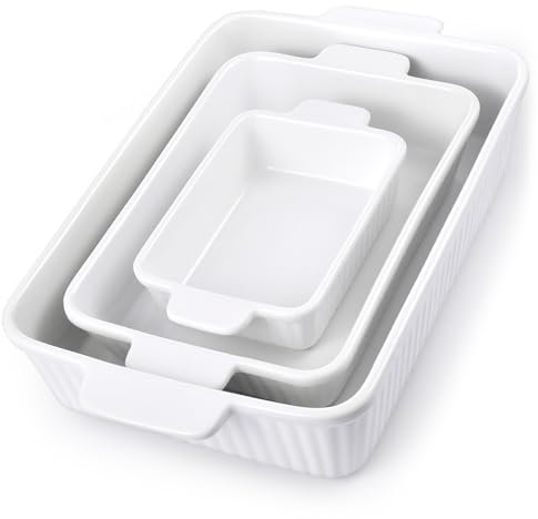 Bakeway Casserole Dishes for Oven, Ceramic Baking Dish Set with Handles, Porcelain Rectangular Lasagna Pan Deep of 3, Oven-Safe Bakeware Sets for Cooking, Kitchen, Holiday Gifts (15.5, 12.2, 8.3)