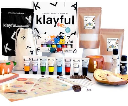KLAYFUL - DIY-Set Kerzen & Keramik | 400g pflanzliches Perlwachs, 1,5kg Ton, Farben, Pinsel, Dochte, Stempel & Anleitung (Terrakotta-Ton + Perlwachs + Klassische Farben)
