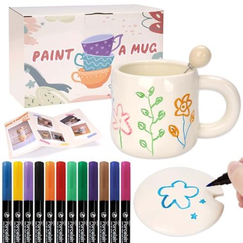 KKSJK Kit Pittura Ceramica, Tazze da Dipingere con Manico, Coperchio e Cucchiaio, Include Tazze e Vernice Ceramica, Dipingi la Tua Tazza, Set Fai da Te per Adulti Bambini Coppia